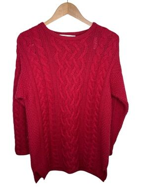 Aran Crafts Red Merino Wool Cashmere Cable Knit Sweater Men Size S PILLING